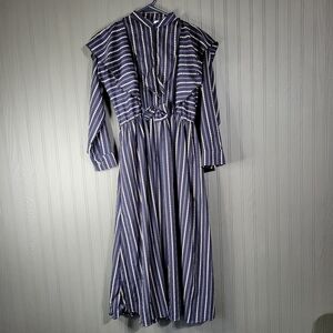 H & M Long Sleeve Maxi Shirt Dress Ruffle Detail Striped Blue Women's XXL